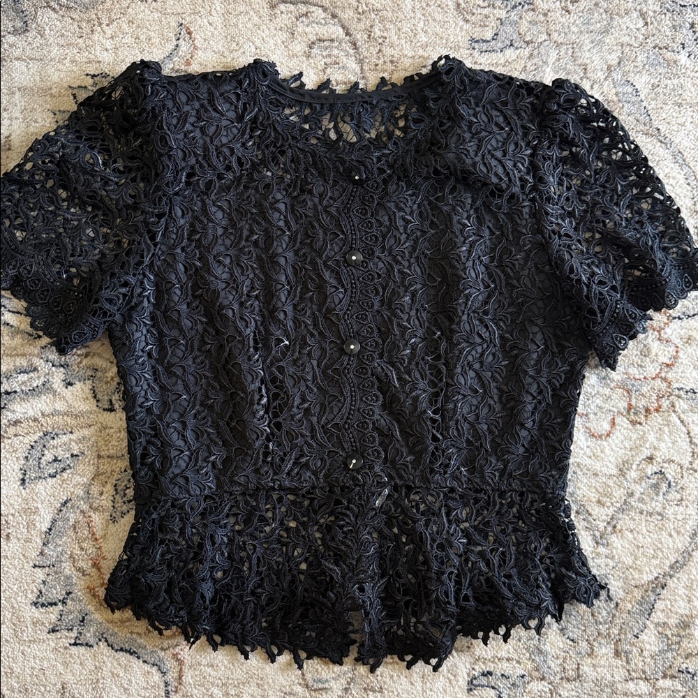 Black embroidered lace short sleeve Blouse with blank buttons and small crystal
